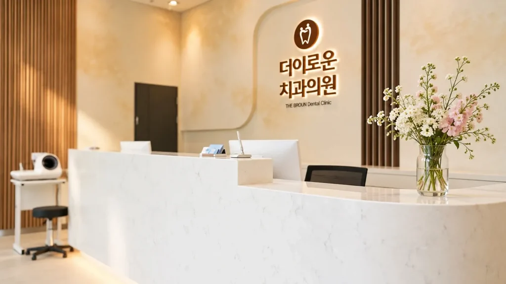 흰 대리석 질감의 더이로운치과의원 접수 데스크와 봄꽃 화병