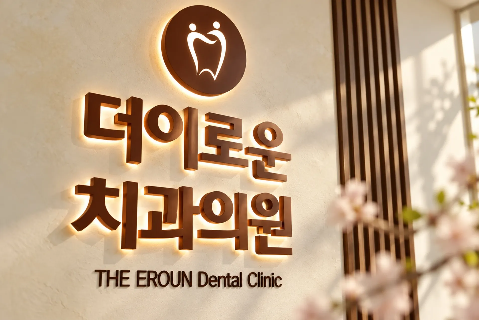 따뜻한 자연광이 비치는 더이로운치과 로고 벽면과 세로 우드 슬랫을 담은 포토리얼 실내 사진