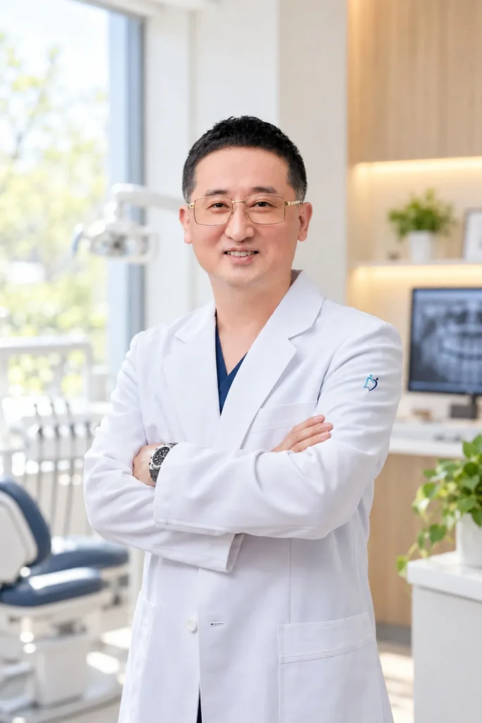 밝고 따뜻한 자연광의 치과 진료실에서 흰 가운과 안경을 쓴 치과 원장님이 팔짱을 끼고 서 있는 세로 인물 사진