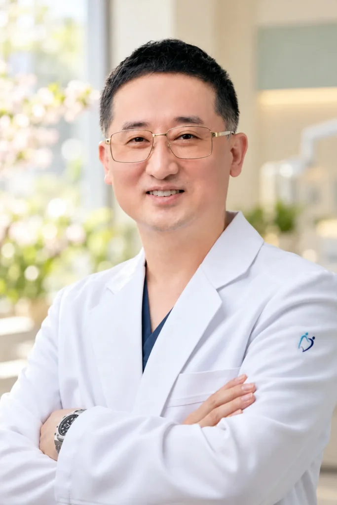 밝고 따뜻한 자연광의 치과 진료실에서 흰 가운과 안경을 쓴 치과 원장님이 팔짱을 끼고 서 있는 세로 인물 사진