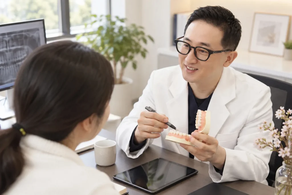 자연광이 비치는 상담실에서 원장이 환자에게 치아 모형을 설명하는 장면