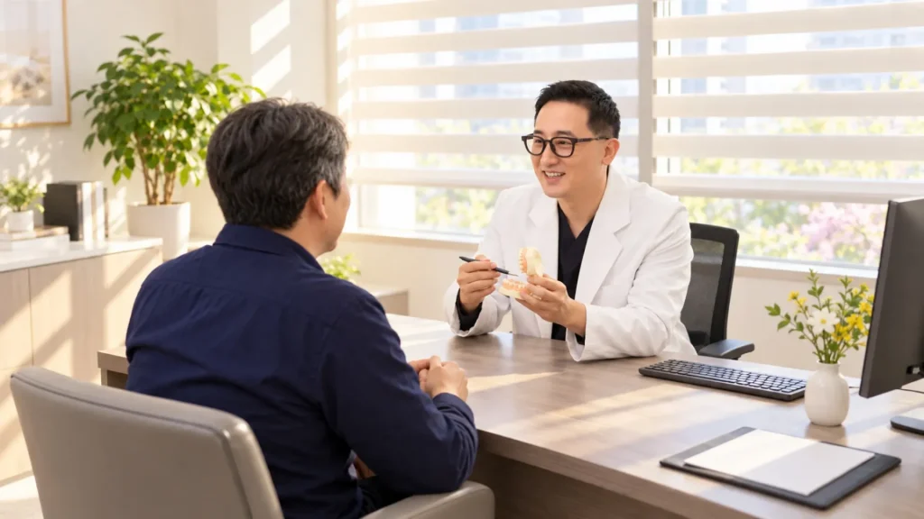 밝은 봄 자연광의 치과 상담실에서 의사가 치아 모형을 보여주며 환자와 상담하는 광각 사진