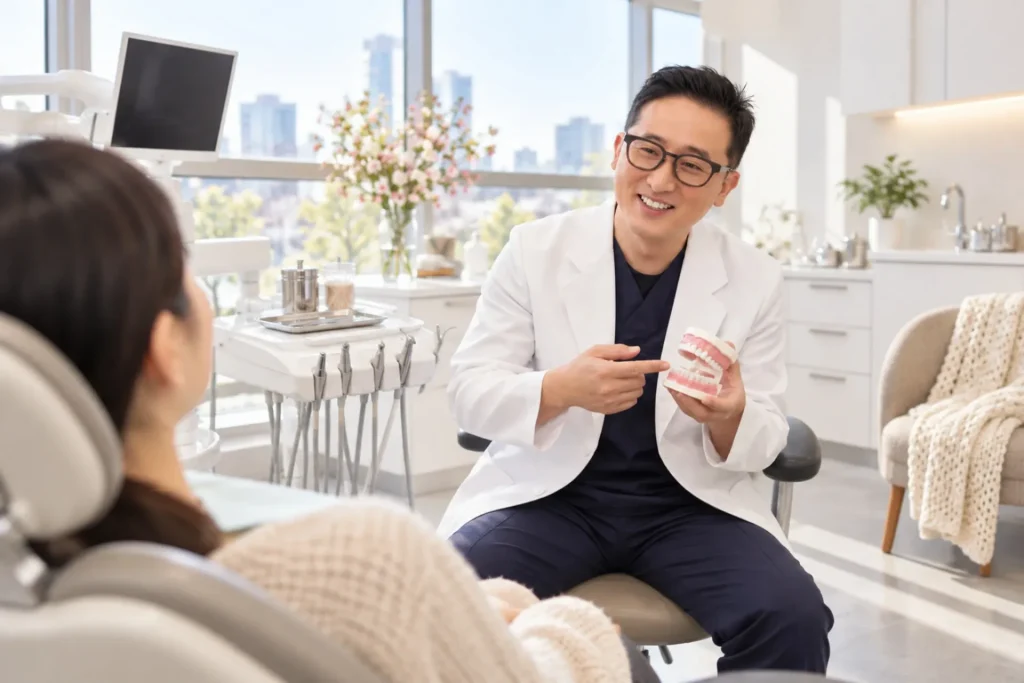 창가의 밝은 치과 진료실에서 남성 치과의사가 환자에게 치아 모형을 보여주는 넓은 구도의 사진