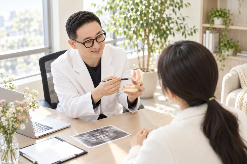자연광이 드는 치과 상담실에서 흰 가운의 원장이 환자에게 치아 모형을 설명하는 장면