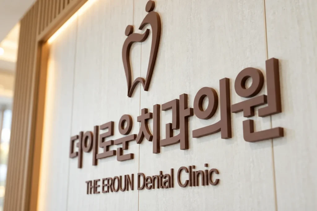 더이로운치과의원 입체 로고와 벽면 질감을 가까이 담은 클로즈업 사진