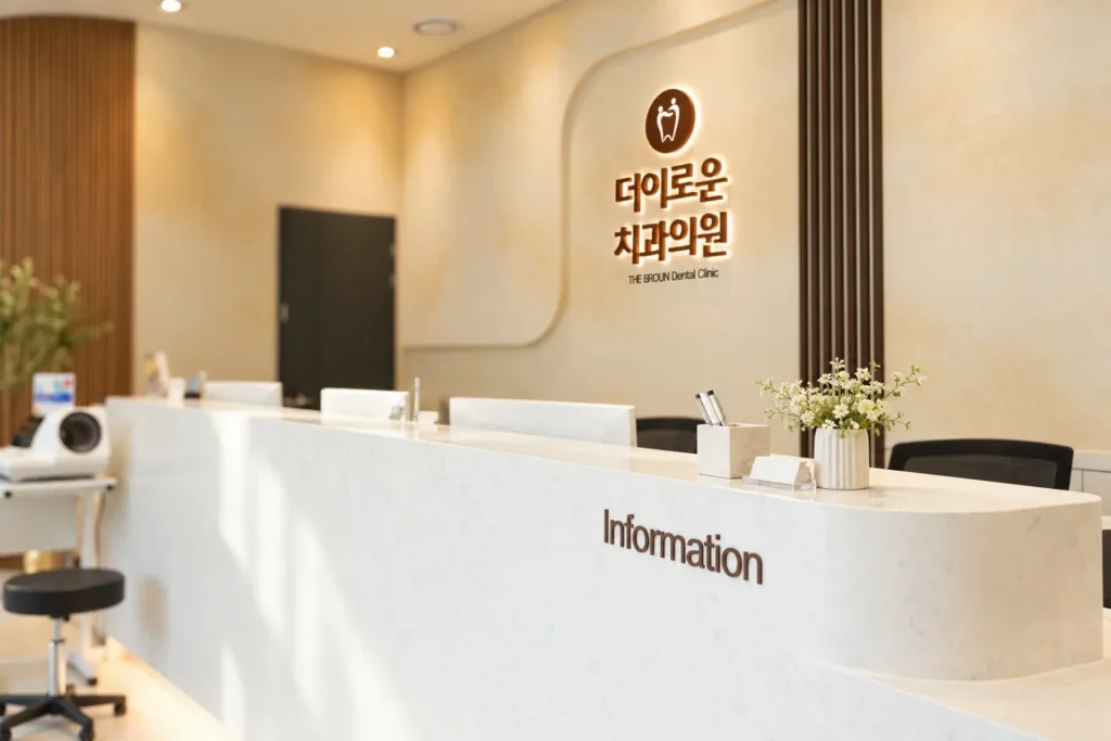 밝고 따뜻한 자연광의 더이로운치과의원 접수 공간을 다른 시점에서 촬영한