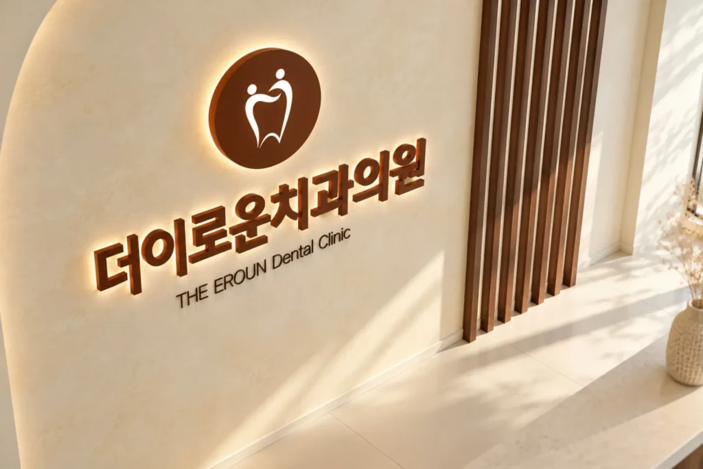 따뜻한 자연광이 비치는 더이로운치과의원 로고 벽면과 우드 슬랫