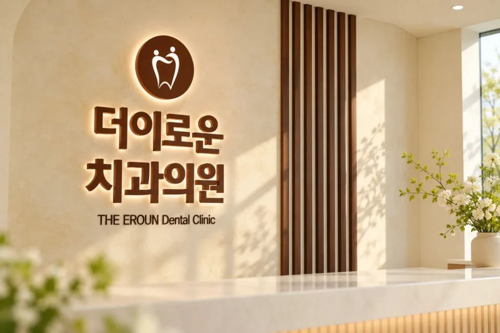 더이로운치과의원 내부 간판과 목재 루버 공간