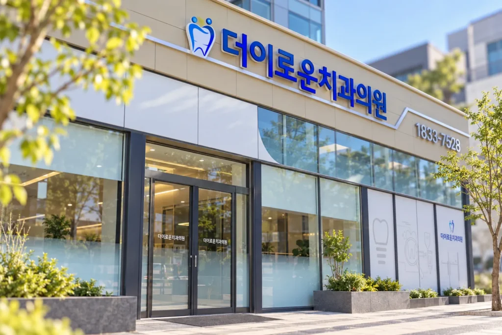 밝고 따뜻한 낮 자연광 속 더이로운치과의원 외관을 다른 각도에서 담은 사진