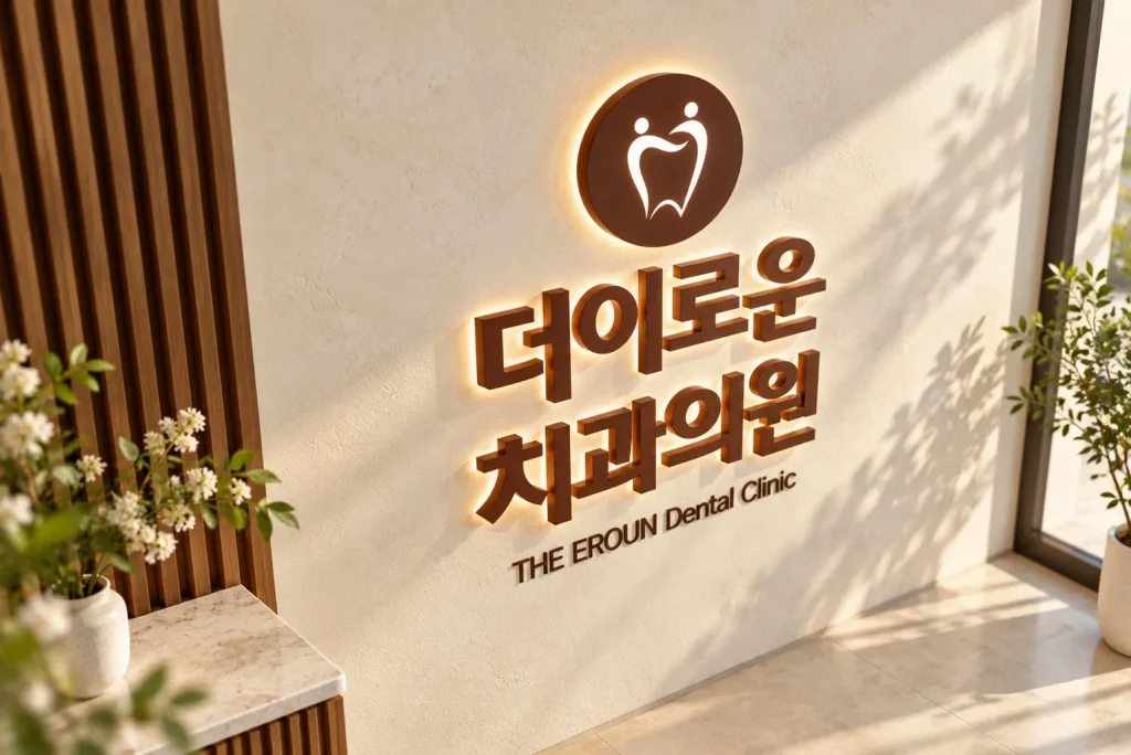 자연광이 비치는 더이로운치과의원 로고 벽면과 우드 슬랫, 화분이 보이는 치과 공간 디테일 컷