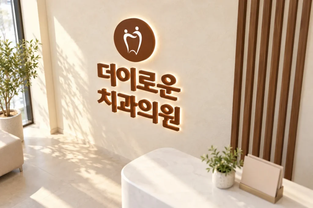 자연광이 비치는 더이로운치과의원 로고 벽면과 우드 슬랫, 플랜터와 브로슈어 홀더가 놓인 리셉션을 위에서 내려다본 치과 공간 디테일 컷