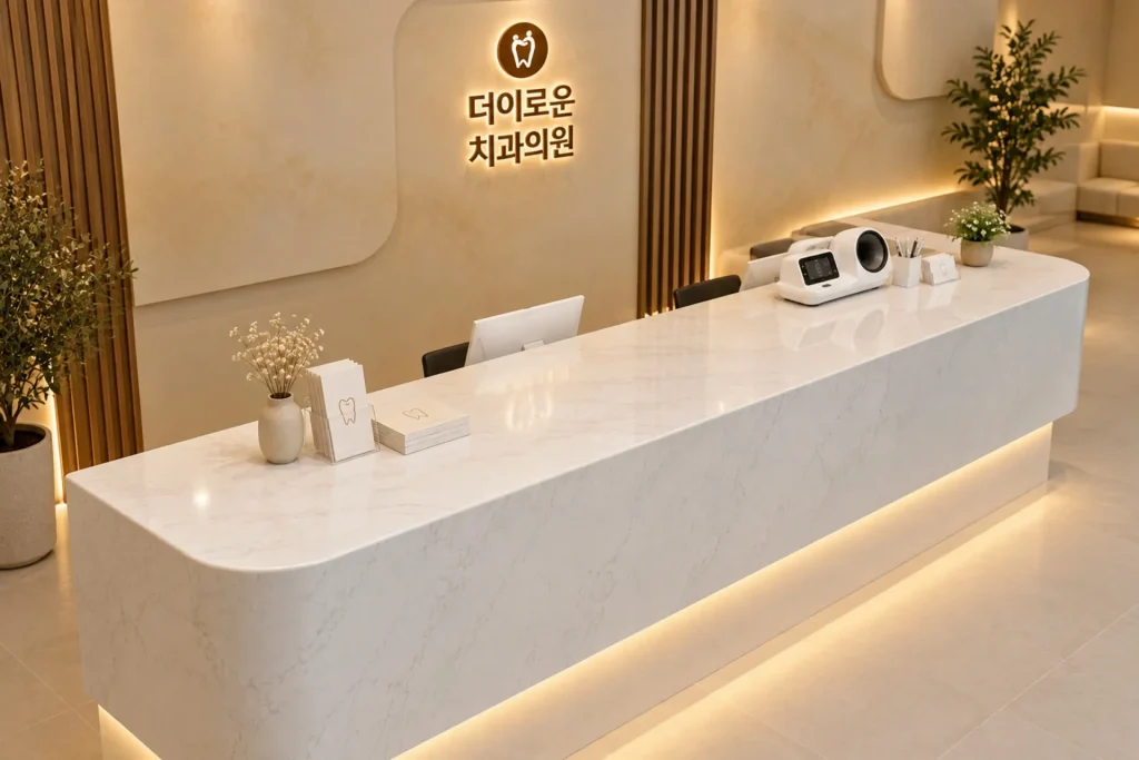 차분한 저녁 조명이 비추는 더이로운치과의원 접수대와 소품을 위에서 내려다본 넓은 포토리얼 사진
